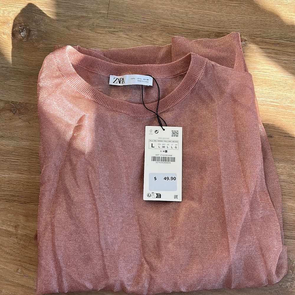 Zara Semi Sheer Knit Top Sz L - Mauve Pink - Picture 4 of 4